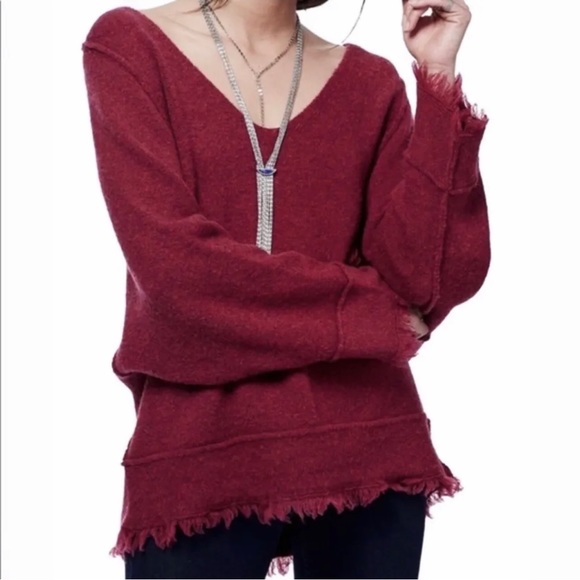 Free People Sweaters - SOLD-Free People Fringe Hem Cranberry Raglan Crochet Knit Pullover Wool Sweater